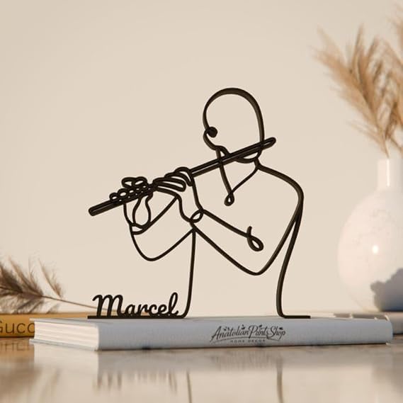 Personalized Flute Instrument Line Art Figure Plastic Name Music Decor Gift for Desk Shelf Home Office Artistic Minimal Interior Display India