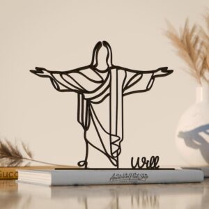 Personalized Christ the Redeemer Plastic Line Art Faith Figure Minimalist Sculpture with Custom Name for Home Office Desk Decor Shelf Display