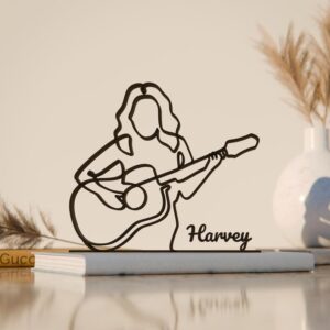 Personalized Female Guitarist Inspired Line Art Figure Plastic Name Display Music Decor Gift for Home Office Desk Shelf Minimal Modern Art India