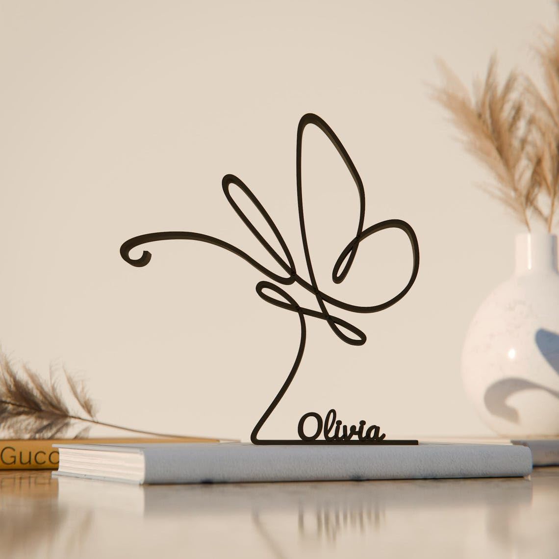 Personalized Butterfly Plastic Minimal Line Art Sculpture Custom Name Nature Decor Figure for Desk Shelf Living Room Personalized Home Office Styling