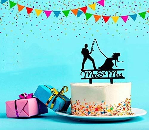 Fishing Wedding Cake Topper, Black Mr & Mrs Cake Decoration, Fishing Wedding, Engagement, Bridal Shower Decor, Romantic Fisherman Couple Cake Topper Outdoor, Rustic, and Celebrations (7 inch) - Image 2