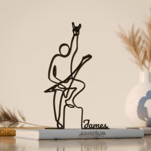 Black Metalhead Guitarist Personalized Plastic Line Art Sculpture Custom Name Rock Inspired Decorative Figure Modern Home Office Desk Shelf Display Artistic Guitarist Artwork Interior Accent India