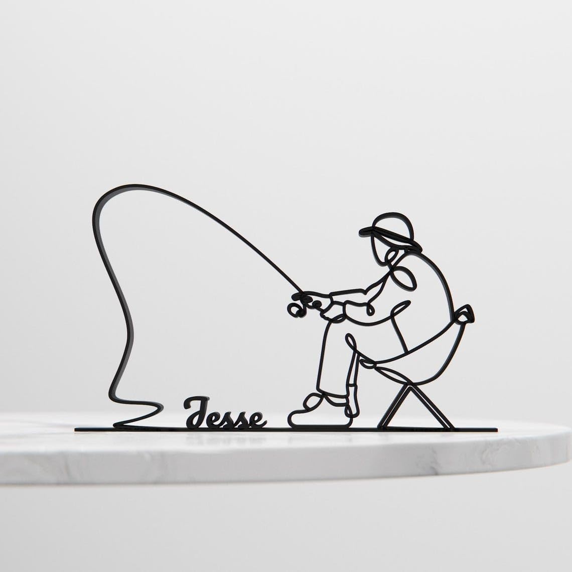 Black Fisherman Plastic Line Art Figure Modern Minimalist Fishing Sculpture Artistic Home Decor Gift for Fishermen Nature Lovers Lake River Cabin Display Office Desk Decoration India - Image 5