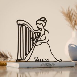 Personalized Harp Player Plastic Line Art Music Figure Minimalist Sculpture with Custom Name for Living Room Office Desk Artistic Classical Instrument Decor
