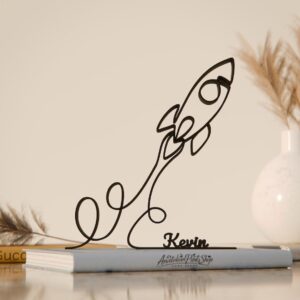 Black Launching Rocket Personalized Plastic Line Art Figure Custom Name Space Sculpture Modern Home Office Desk Shelf Display Accent for Astronomy Lovers Creative Room Decor for Science Enthusiasts