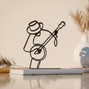 Black Banjo Player Line Art Figure Modern Minimalist Musician Sculpture Artistic Banjo Home Decor Unique Music Lover Collectible Elegant Display Accent Living Room Office Studio Shelf Table Interior