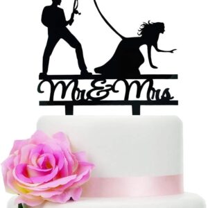 Fishing Wedding Cake Topper, Black Mr & Mrs Cake Decoration, Fishing Wedding, Engagement, Bridal Shower Decor, Romantic Fisherman Couple Cake Topper Outdoor, Rustic, and Celebrations (6 inch)