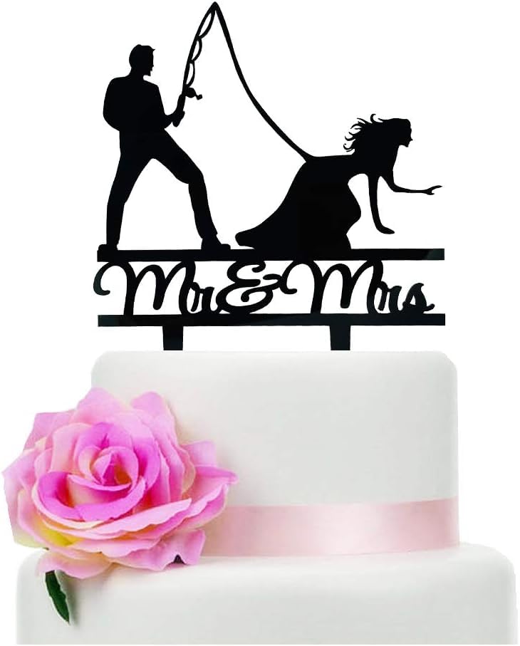 Fishing Wedding Cake Topper, Black Mr & Mrs Cake Decoration, Fishing Wedding, Engagement, Bridal Shower Decor, Romantic Fisherman Couple Cake Topper Outdoor, Rustic, and Celebrations (7 inch)