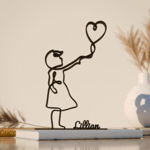 Customized Black Girl with Balloon Plastic Line Art Sculpture with Personalized Text, Minimalist Home and Office Decorative Artwork for Unique Custom Gift and Interior Decor India