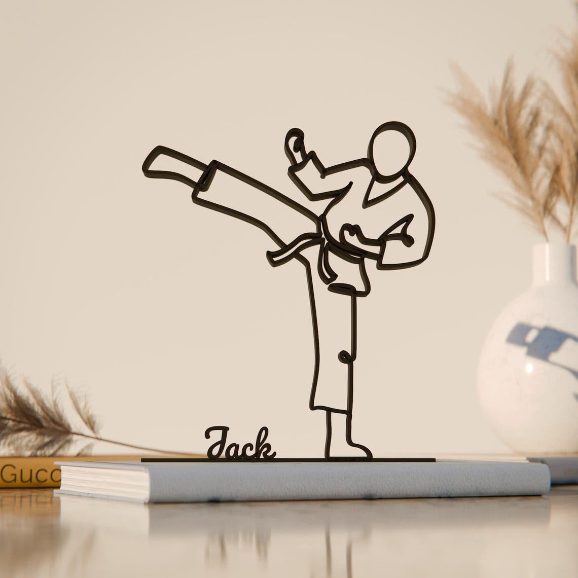 Personalized Karate Inspired Line Art Figure Plastic Name Display Martial Arts Decor Gift for Home Office Desk Shelf Minimal Modern Interior India