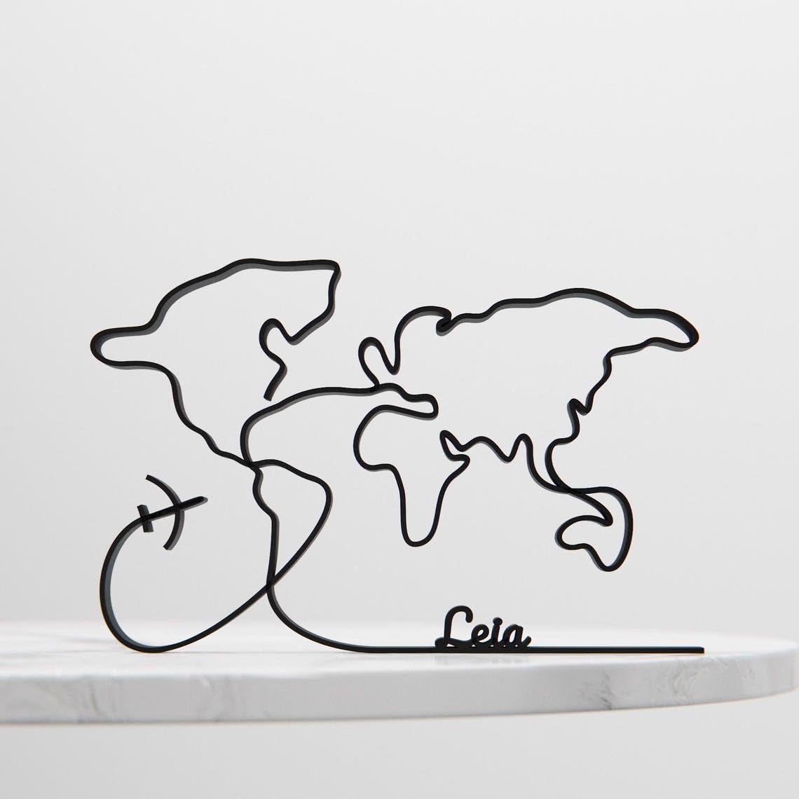 Personalized World Map Plastic Minimalist Line Art Sculpture Custom Name Travel Decor Figure for Desk Shelf Living Room Bedroom Home Office Styling - Image 4