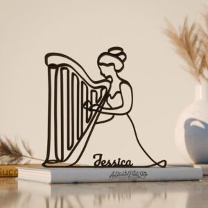 Personalized Harp Player Plastic Line Art Figure Minimalist Music Sculpture with Custom Name for Home Decor Desk Shelf Classical Instrument Theme Artistic Showpiece