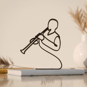 Black Artistic Oboe Player Line Art Figure Modern Minimal Sculpture Creative Reed Instrument Decor Stylish Home Office Studio Table Shelf Display Accent for Music Lovers