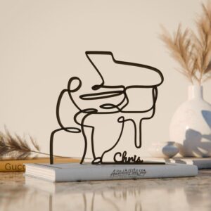 Black Pianist Line Art Figure Artistic Modern Musician Sculpture Minimal Piano Decor Creative Music Inspired Accent Home Office Studio Living Room Shelf Table Stylish Display Piece for Music Lovers