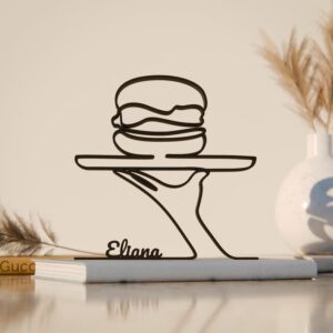 Black Personalized Fast Food Worker Plastic Line Art Sculpture Custom Name Restaurant Employee Artwork Modern Minimal Kitchen Decor Creative Cafe Counter Office Display Gift Hospitality Professionals