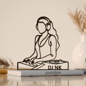 Black Custom Name Female DJ Plastic Line Art Sculpture Personalized Music Theme Decor Modern Home Office Shelf Table Display Unique Disc Jockey Inspired Gift for Creative Women and Music Enthusiasts