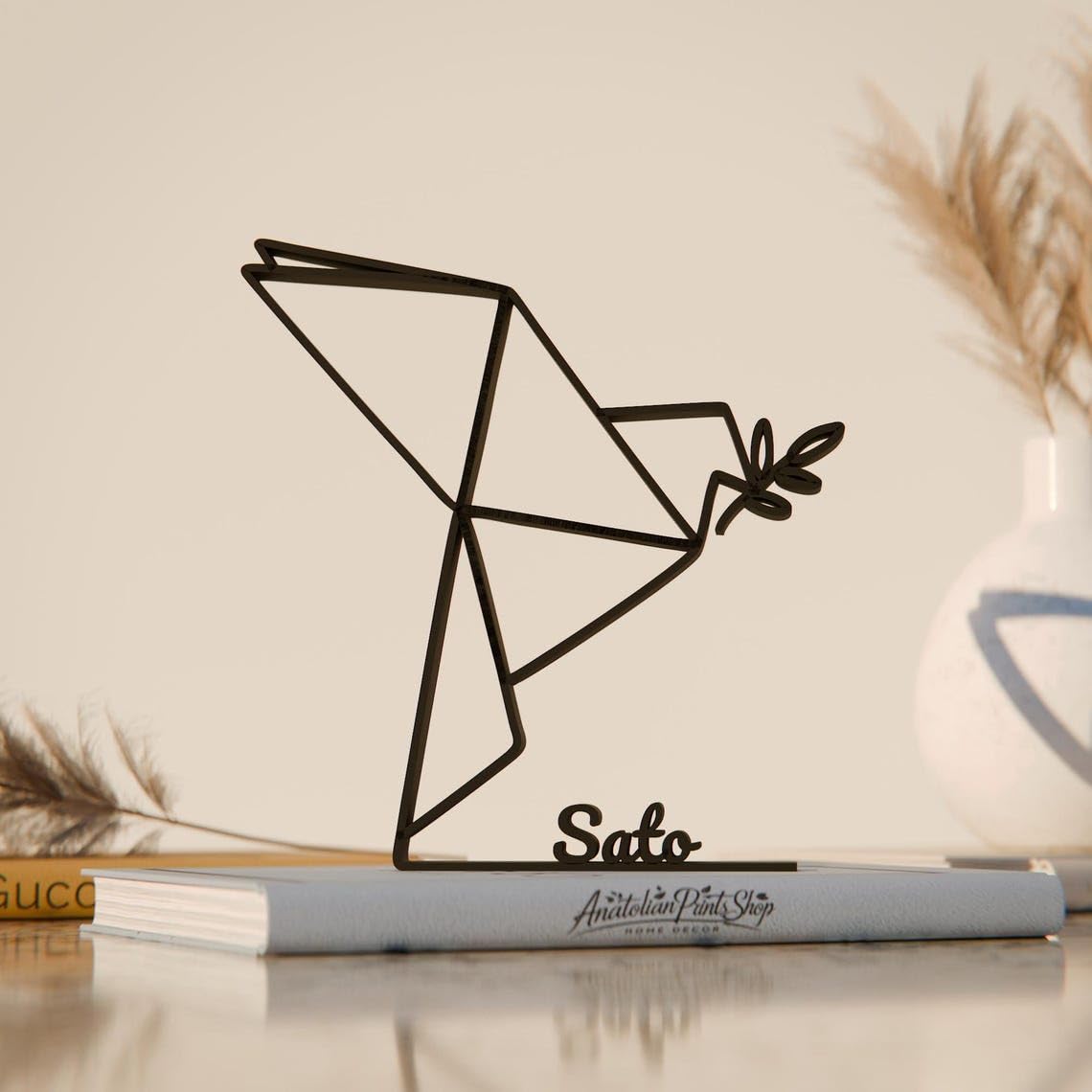 Black Origami Dove Personalized Plastic Line Art Figure Custom Name Peace Minimal Bird Sculpture Modern Home Office Decor Creative Desk Accent For Living Room Shelves Study Table Decorative Styling