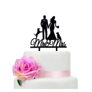Mr & Mrs Farmer Style Wedding Cake Topper with Dog | Rustic Black Silhouette Bride Groom Cake Decoration Countryside Wedding, Engagement, Anniversary Bridal Shower Party Celebrations (6 inch)