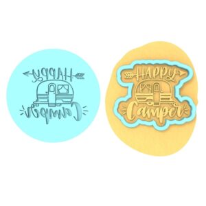 Happy Camper Cookie Cutter Black cookie Debosser Stamp and Stencil Set for Outdoor Adventure Cookies, Camping Party Baking Tools, Fondant Cutter, Sugar Cookie Mold, Dessert Decorating
