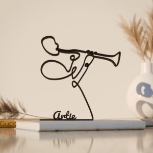 Black Personalized Clarinet Player Plastic Line Art Figure Custom Name Musician Sculpture Modern Clarinetist Decor Creative Instrument Theme Display Accent Home Office Studio Living Room Table Shelf