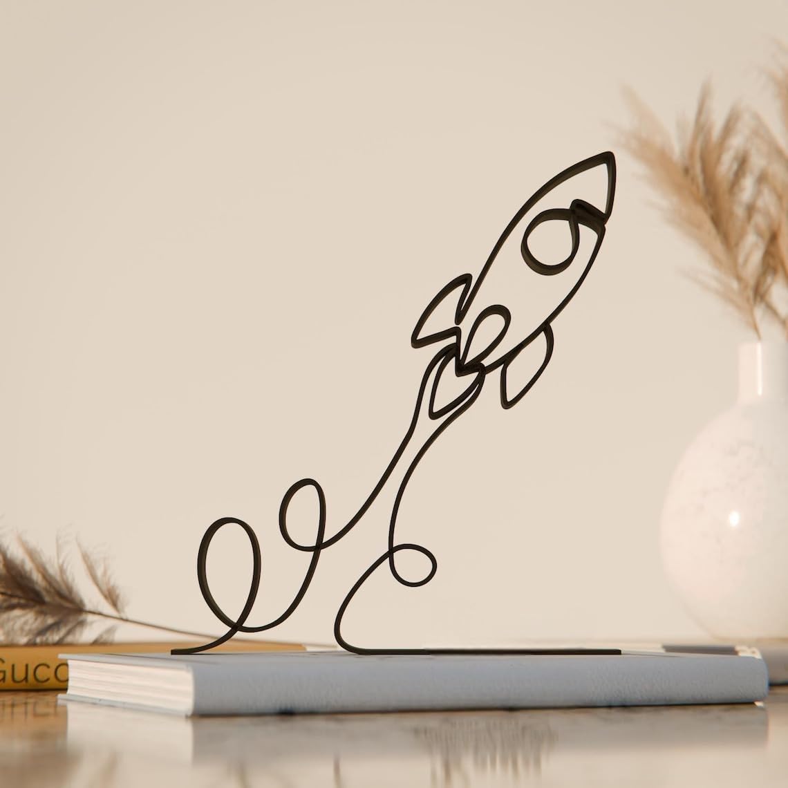 Black Launching Rocket Plastic Line Art Figure Modern Space Inspired Sculpture Creative Home Office Desk Shelf Display Accent for Astronomy Enthusiasts Science Students and Minimal Interior Decor