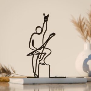 Black Metalhead Guitarist Plastic Line Art Decorative Figure Artistic Rock Music Sculpture Modern Home Office Desk Shelf Display Accent Creative Gift for Music Fans Contemporary Interior Artwork India