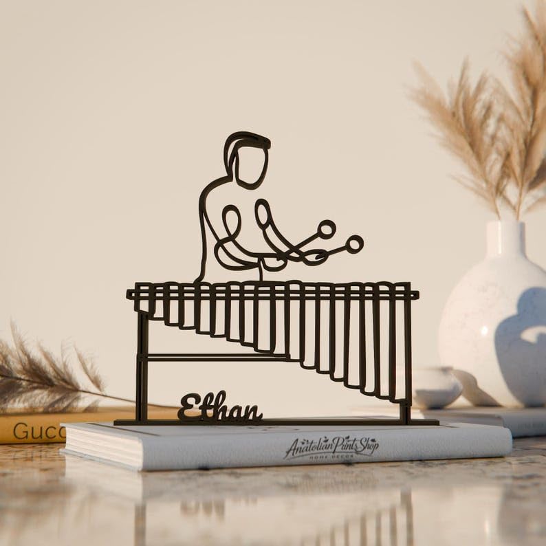 Black Personalized Marimba Player Plastic Line Art Figure Customized Percussionist Sculpture Modern Minimal Home Decor Gift for Music Students Teachers and Instrument Lovers