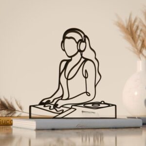 Black Female Disc Jockey Plastic Line Art Sculpture Modern Minimalist Music Theme Decor Artistic Table Shelf Display Creative Room Accent Stylish Home Office Studio Decoration Gift for Music Lovers