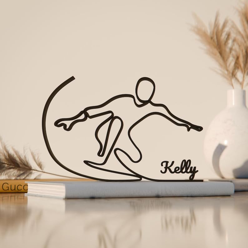 Black Surfer Personalized Plastic Line Art Figure Custom Name Surfing Theme Modern Minimalist Sculpture Ocean Inspired Personalized Home Decor Gift Sea Lover Office Desk Display Coastal Artwork India