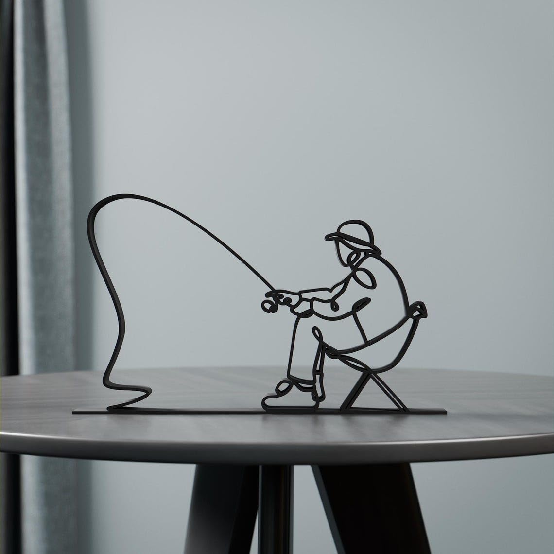 Black Fisherman Plastic Line Art Figure Modern Minimalist Fishing Sculpture Artistic Home Decor Gift for Fishermen Nature Lovers Lake River Cabin Display Office Desk Decoration India - Image 6