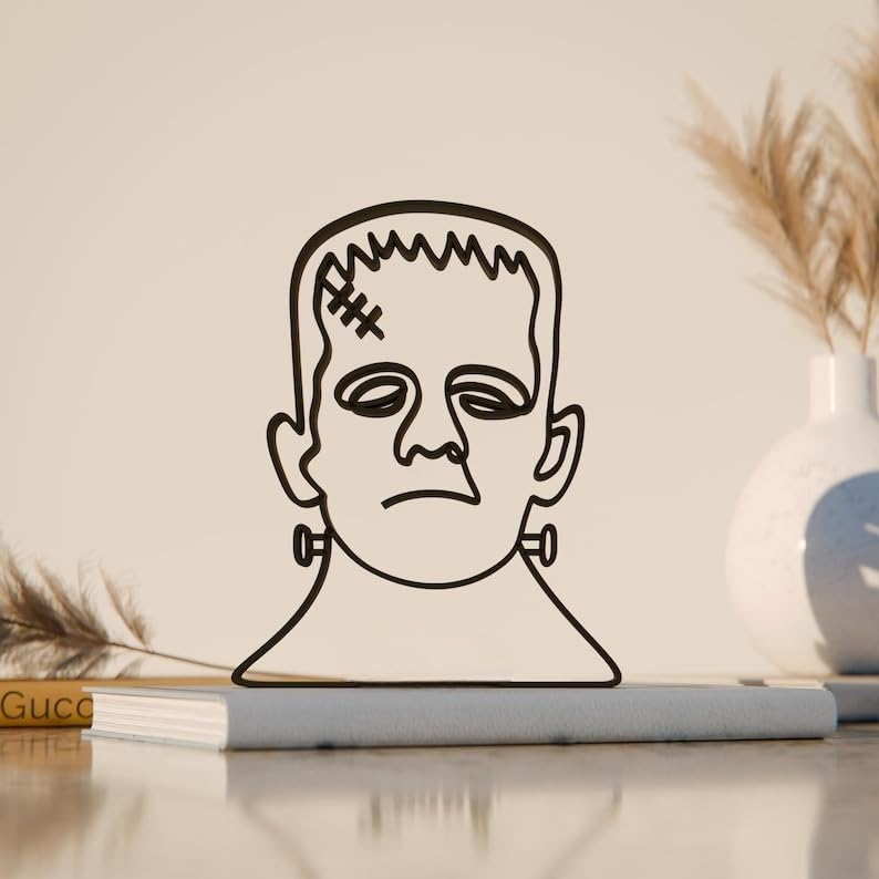 Frankenstein Plastic Minimal Line Art Sculpture Horror Decor Figure for Living Room Desk Shelf Artistic Character Theme Home Office Styling