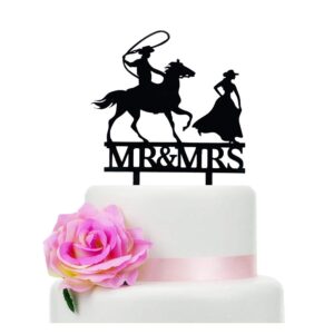 Mr & Mrs Wedding Cake Topper - Rustic Farmer Southern Style Cake Topper Black Horse Design | Perfect Country, Farm, Western Themed Weddings, Engagement, Anniversary Celebrations (3 inch)