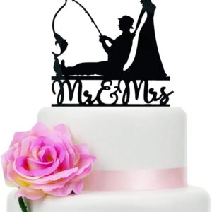 Fisherman Wedding Cake Topper, Black Mr & Mrs Fishing Theme Cake Decor, Rustic Engagement Anniversary Cake Topper, Bridal Shower Party Decoration for Fishing Lovers & Outdoor Weddings (6 inch)