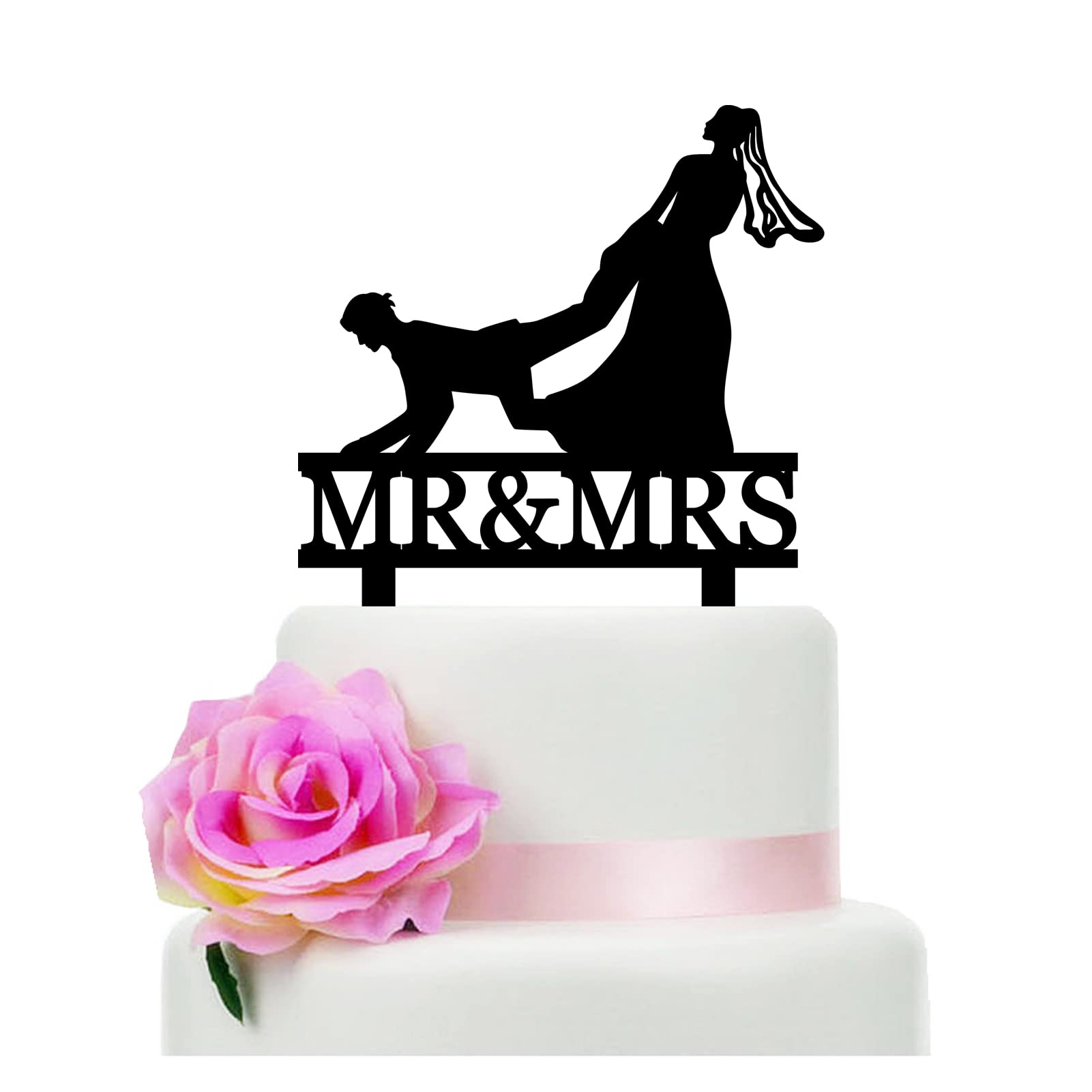 Funny Bride Dragging Groom Wedding Cake Topper | Mr & Mrs Cake Topper | The Hunt Is Over Cake Decoration Wedding, Engagement, Anniversary, Reception, Bridal Shower Party Celebrations (6 inch)