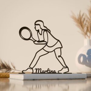 Personalized Female Tennis Inspired Line Art Figure Plastic Name Display Sports Decor Gift for Home Office Desk Shelf Minimal Modern Interior India