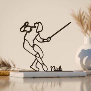 Black Personalized Fencer Line Art Figure Custom Name Modern Athlete Sculpture Artistic Fencing Decor Creative Sports Inspired Accent for Home Office Studio Living Room Shelf Table