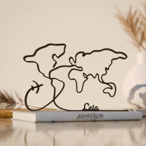 Personalized World Map Plastic Minimal Line Art Sculpture Custom Name Travel Decor Figure for Living Room Desk Shelf Bedroom Home Office Interior Styling