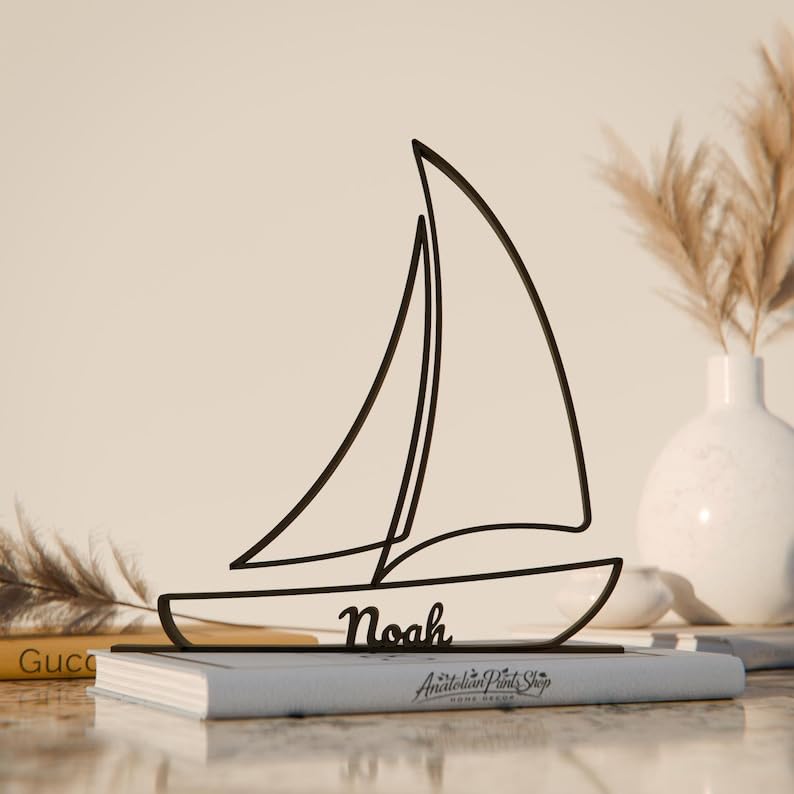 Personalized Sailboat Minimal Line Art Figure Plastic Name Decor Gift for Desk Shelf Home Office Modern Interior Ocean Travel Inspired Display India