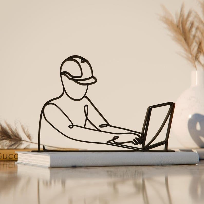 Black Computer Engineer Plastic Line Art Figure Contemporary Tech Sculpture Creative Office Desk Decor Stylish Home Display Artwork For Programmers Developers Computer Science Students Tech Lovers