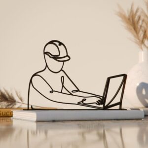 Black Computer Engineer Plastic Line Art Figure Modern Minimal Coding Sculpture Creative Tech Inspired Desk Decor Stylish Office Home Display Artwork For Software Developers Programmers Computer