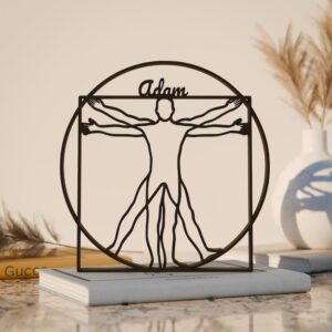 Vitruvian Man Plastic Personalized Line Art Figure Minimalist Classical Anatomy Sculpture with Name Detail for Home Decor Desk Shelf Living Room Bedroom Office Interior Display