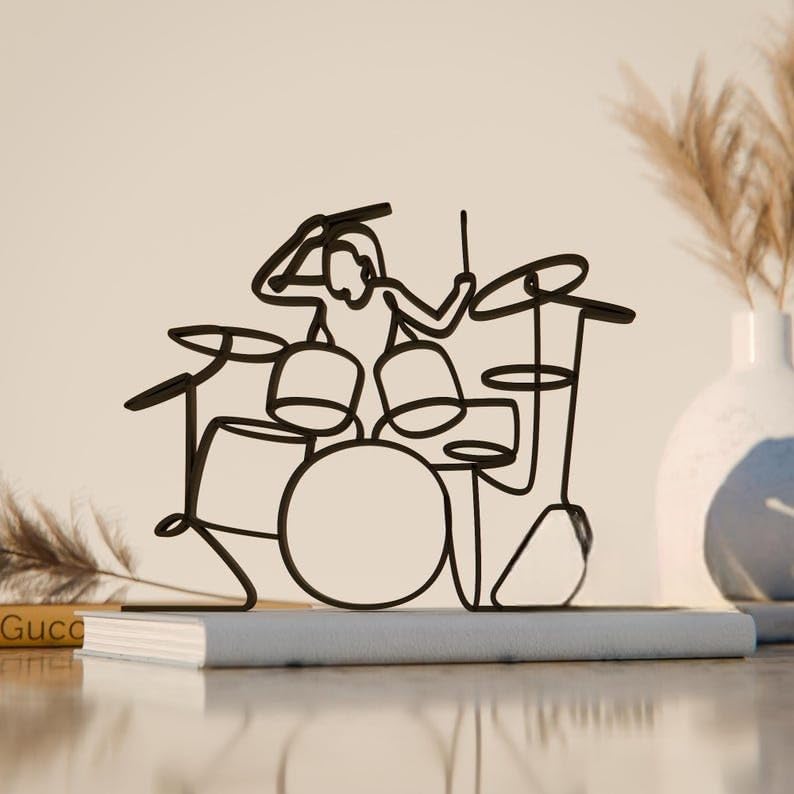 Black Female Drum Performer Plastic Line Art Sculpture for Music Decor, Modern Musician Home Ornament, Drummer Studio Decoration, Artistic Display Gift India
