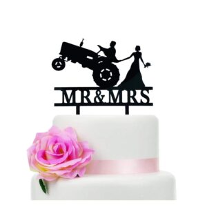 Mr & Mrs Wedding Cake Topper with Tractor Design | Rustic Southern Style Bride Groom Cake Decoration Black Silhouette Farm Theme Wedding, Engagement, Anniversary & Bridal Shower Party (6 inch)