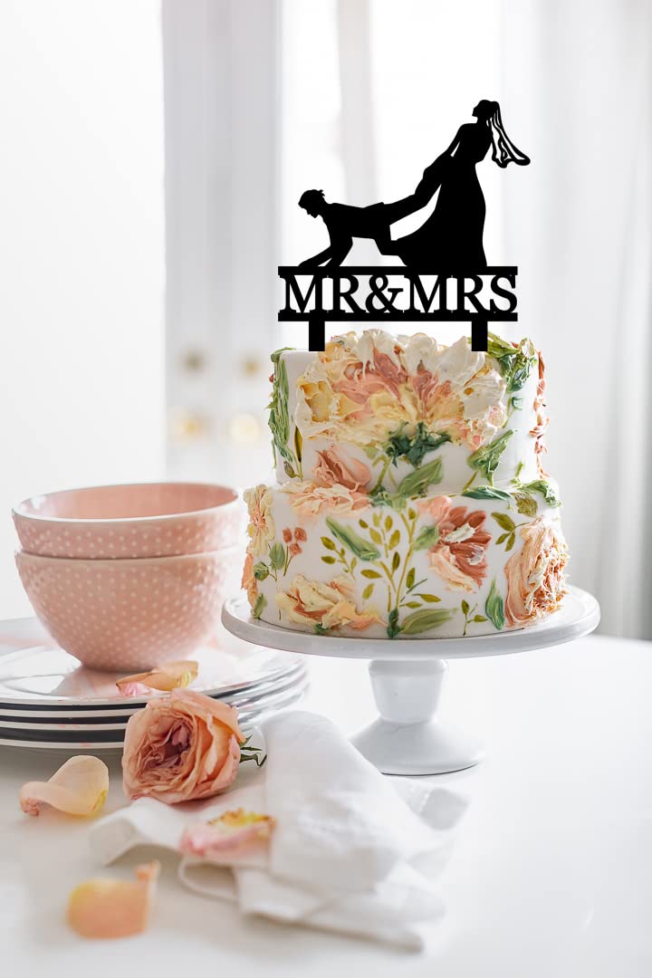 Funny Bride Dragging Groom Wedding Cake Topper | Mr & Mrs Cake Topper | The Hunt Is Over Cake Decoration Wedding, Engagement, Anniversary, Reception, Bridal Shower Party Celebrations (6 inch) - Image 2