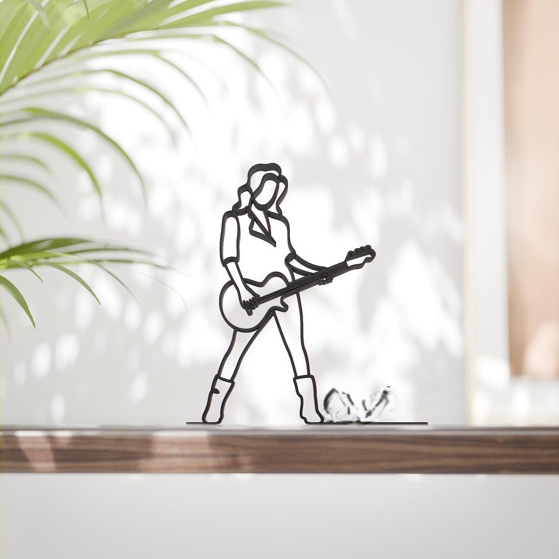 Black Female Bass Guitarist Plastic Line Art Sculpture for Living Room and Studio Decor, Elegant Minimalist Musician Figurine, Artistic Music Lover Gift Ornament India - Image 2