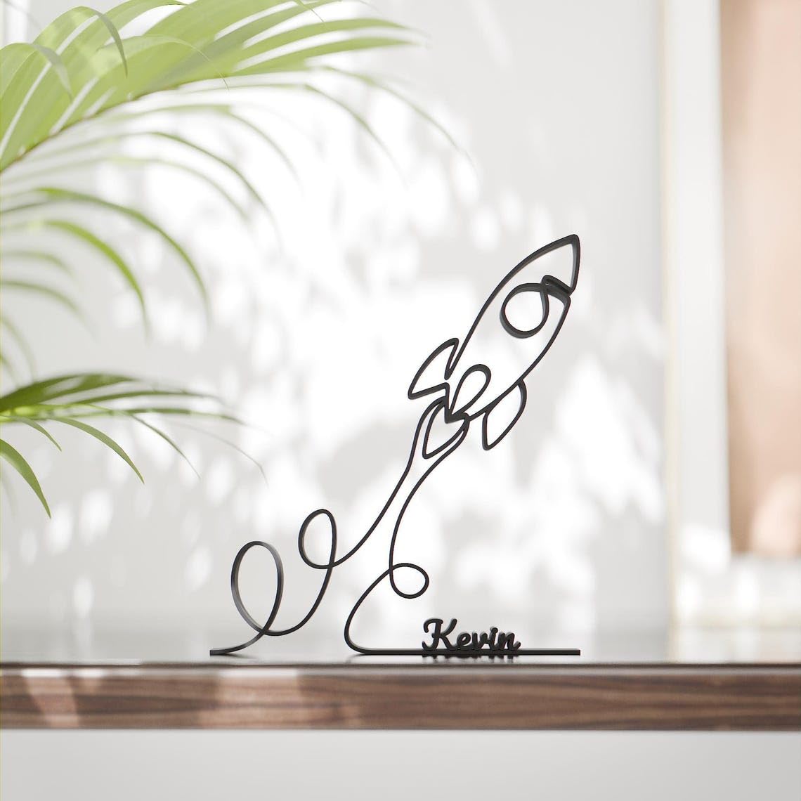 Black Launching Rocket Personalized Plastic Line Art Figure Custom Name Modern Space Exploration Sculpture Artistic Home Office Desk Shelf Display Accent for Astronomy Fans Creative Room - Image 2