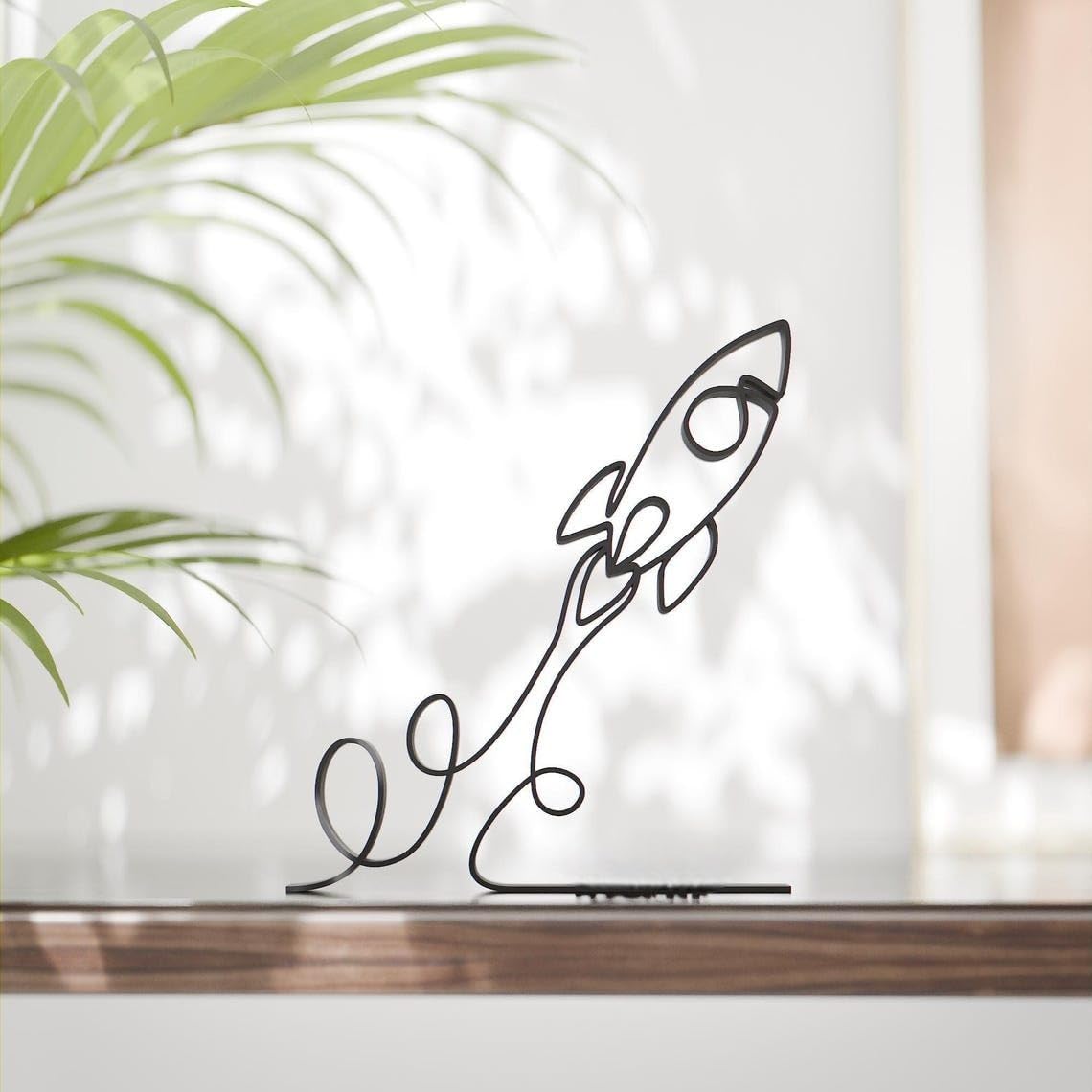 Black Launching Rocket Plastic Line Art Figure Creative Space Theme Sculpture Minimal Home Office Decor Modern Desk Shelf Display Accent for Science Enthusiasts Astronomy Students and Interior Styling - Image 2