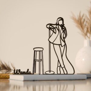 Custom Black Female Stand-Up Comedian Plastic Line Art Sculpture with Personalized Name, Modern Artistic Performer Gift, Home Office and Comedy Club Decoration India