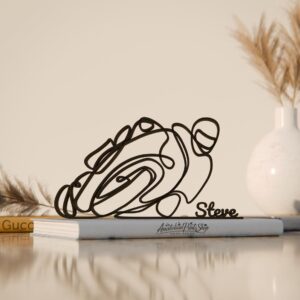 Motorbiker Personalized Line Art Figure Plastic Decorative Rider Sculpture with Custom Name for Bike Lovers Home Office Desk Shelf Table Display Minimalist Decor India
