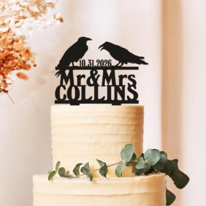 Customizable Gothic Raven Wedding Cake Topper | Halloween Crow Cake Decoration | Gothic Wedding D�cor | Personalized Black Bird Accent | Spooky Theme Marriage Party Table Decoration (7 inch)